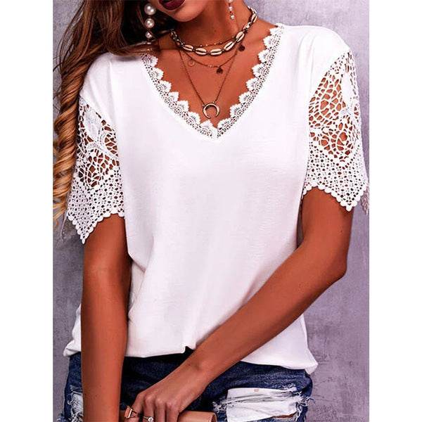 Summer Lace Tops Loose V Neck Short Sleeve Casual top - EX-STOCK Canada