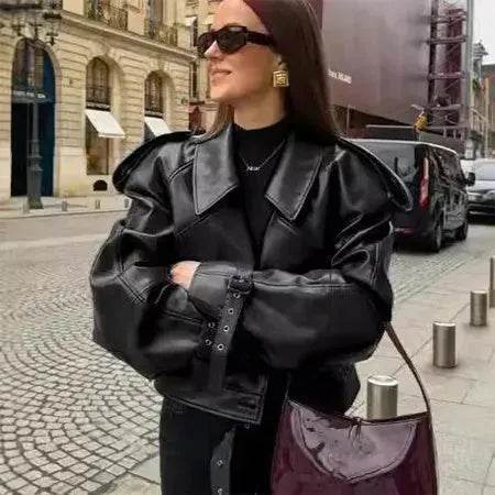 Fashion Lapel Streetwear Cropped Leather Jacket for women - EX-STOCK Canada