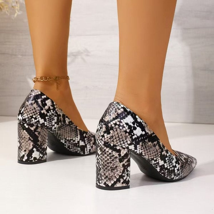Women's Snake Print Pointed Toe Block Heel Pumps 2026 Spring Summer Elegant High Heels Versatile Office Party Shoes