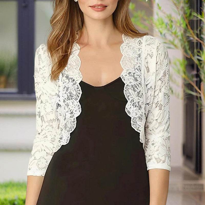Women's Solid Color Cropped Lace Cardigan - Summer Fashion Medium-Long Sleeve Open Front Top - EX-STOCK Canada
