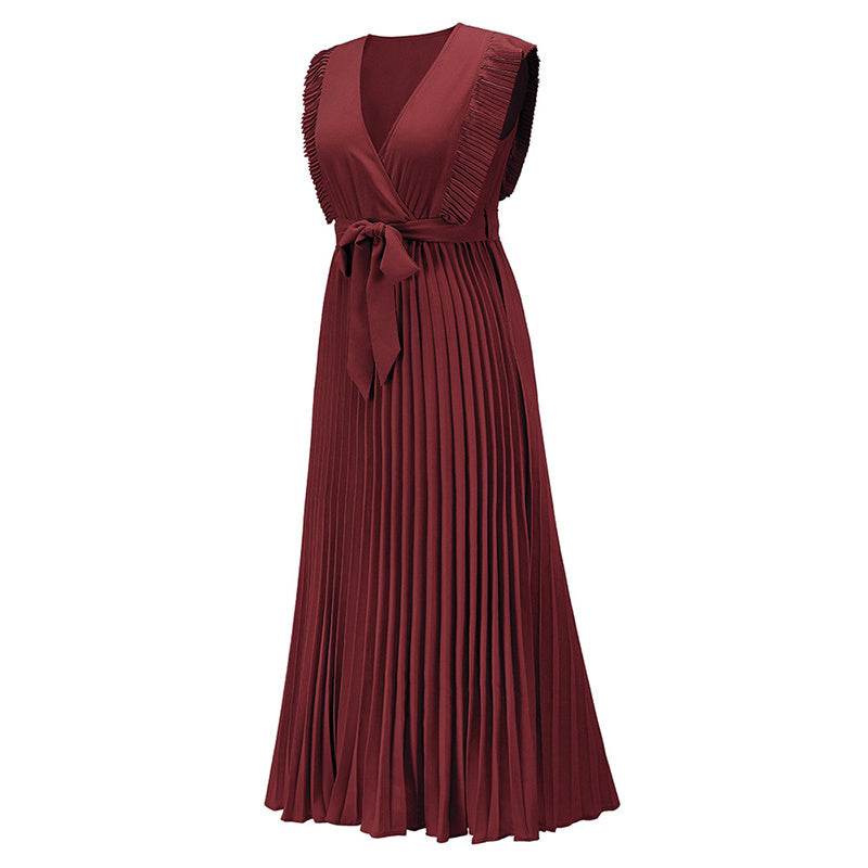 Maxi Dresses For Women - Elegant V Neck Ruffled Sleeves Empire Waist Pleated Flowy Dress - EX-STOCK Canada