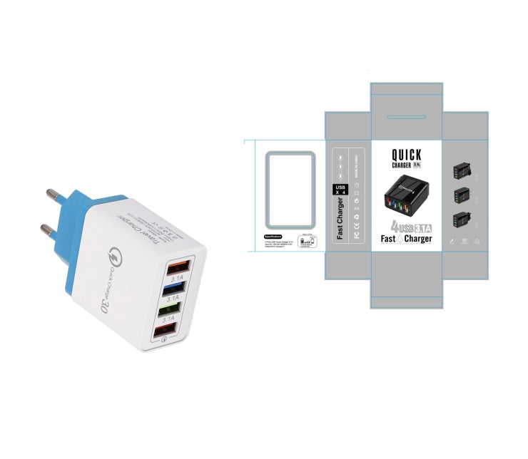 White USB charger with three ports and blue plug, next to packaging on a white background