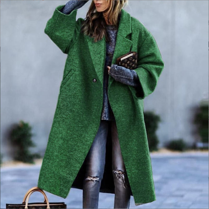 Manteau long en laine vert pour l'automne et l'hiver, de style décontracté, à col revers, sans ceinture, confortable pour les trajets, avec une coupe ample. EX-STOCK Canada