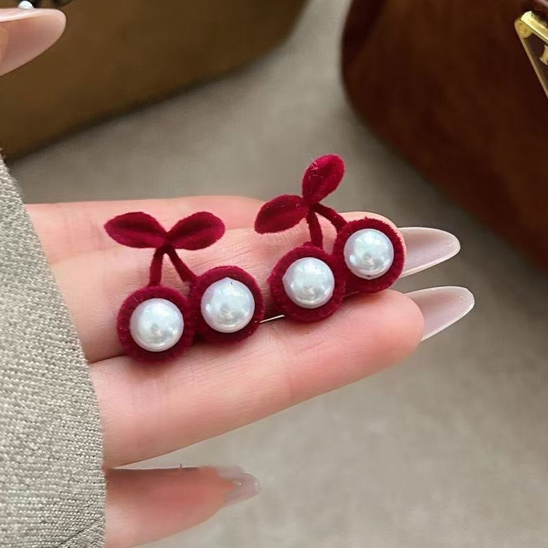 Autumn Winter Red Flocking Cherry Sweet Temperament Earrings | EX-STOCK product gallery photo 1