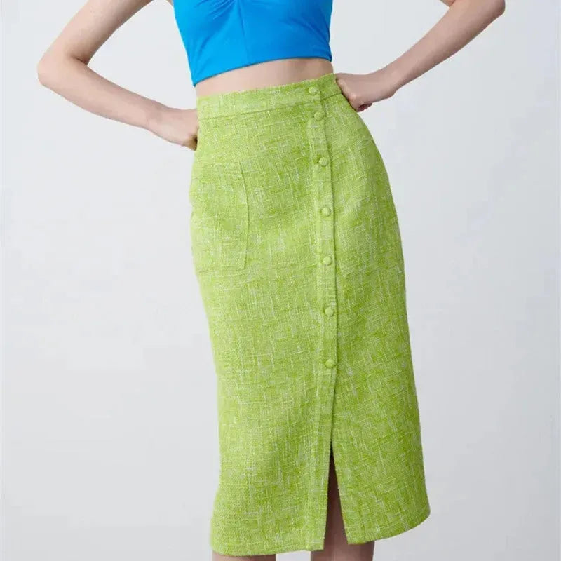 Women's Green Textured Slit High Waist Slit Midi Skirt green - EX-STOCK CANADA