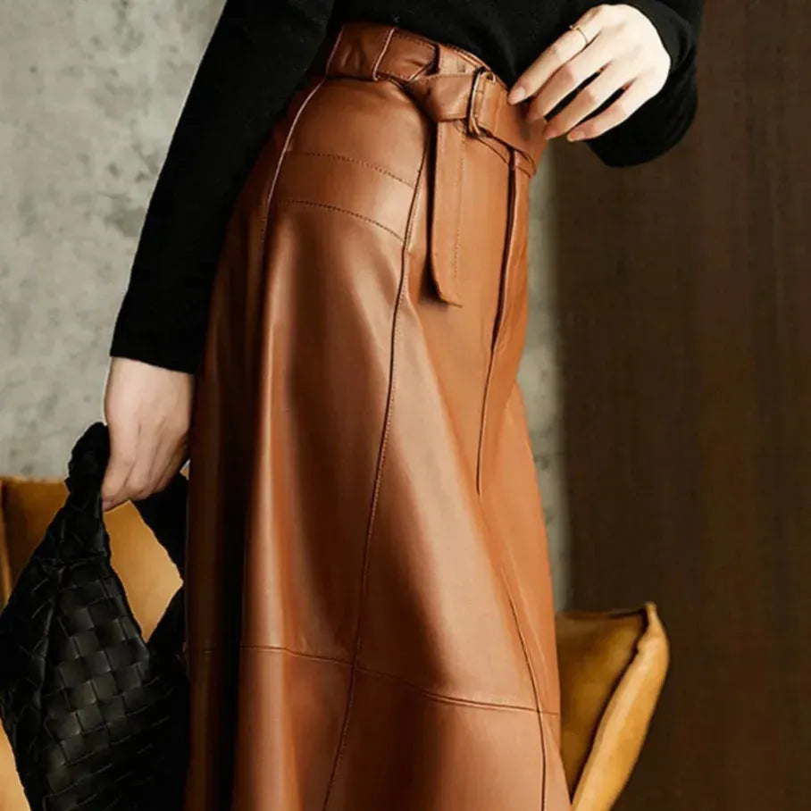 Fashion Retro All-match A- Line High Waist Formal Office Work Midi Faux Leather Skirt - EX-STOCK CANADA