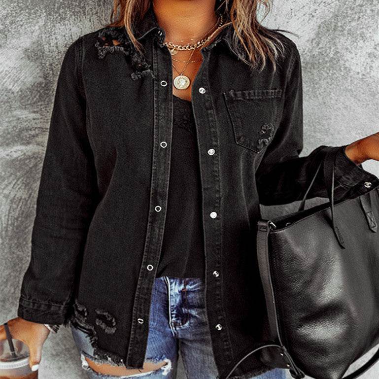 Black Ripped Shirt Denim Long Sleeve Coat Jacket Women - EX-STOCK Canada