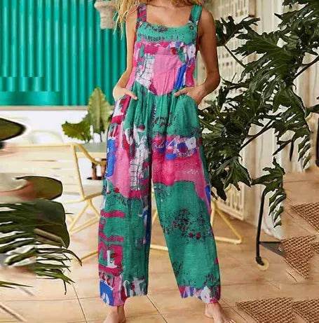 Casual Summer Cotton Floral Sleeveless loose Jumpsuit - EX-STOCK Canada