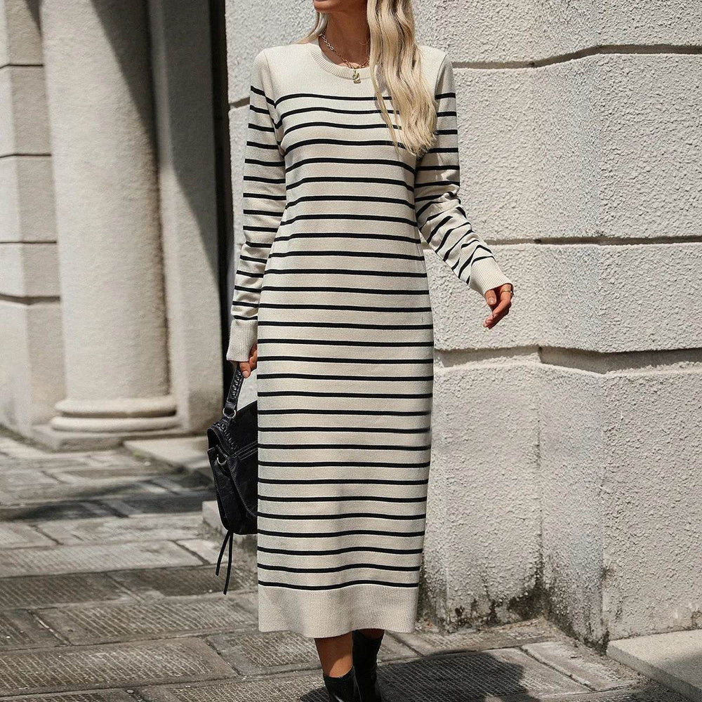 Slim Striped Printed Long Cashmere Dress Autumn And Winter Long Sleeve Dresses For Women - EX-STOCK Canada