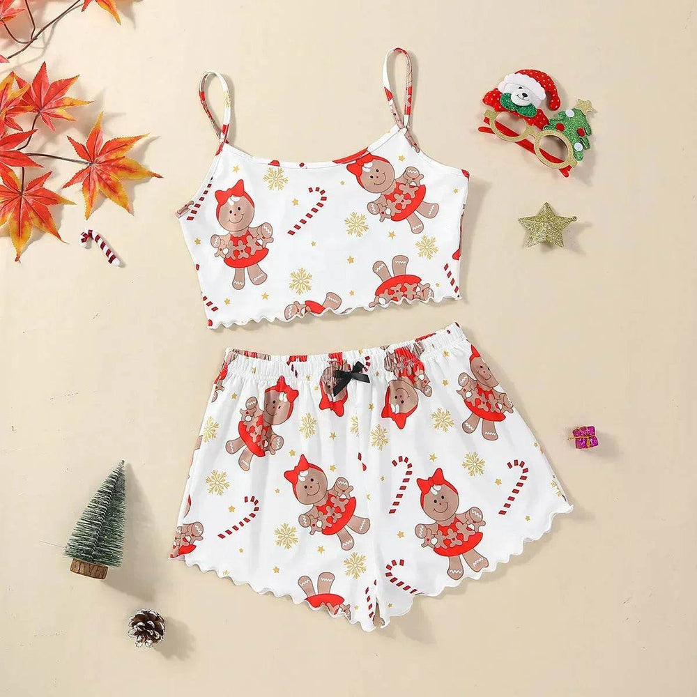Christmas European And American Thin Pajamas Women's Sleeveless Shorts Milk Silk Simple Casual Two-piece Suit Homewear - EX-STOCK Canada
