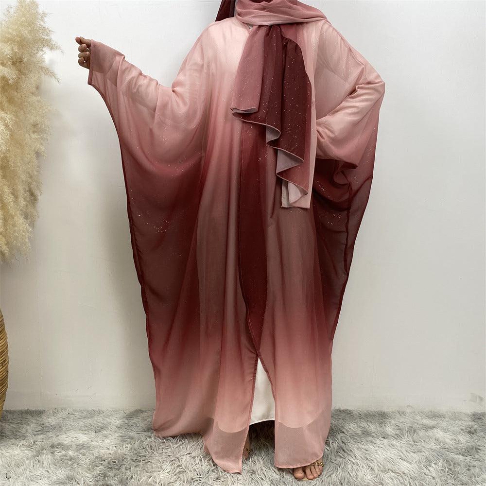 Middle East Muslim Chiffon Cardigan Gradient Batwing Sleeve With Headscarf Suit - EX-STOCK Canada
