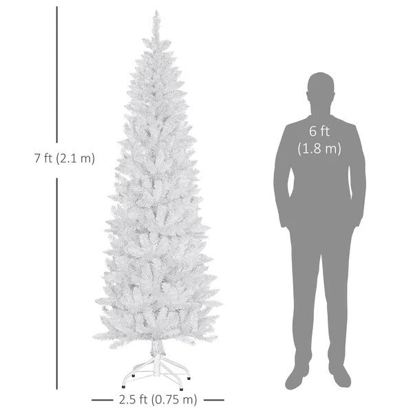 7ft Tall Pencil Artificial Christmas Tree With 687 Branch Tips With Steel Base, White EX-STOCK Canada