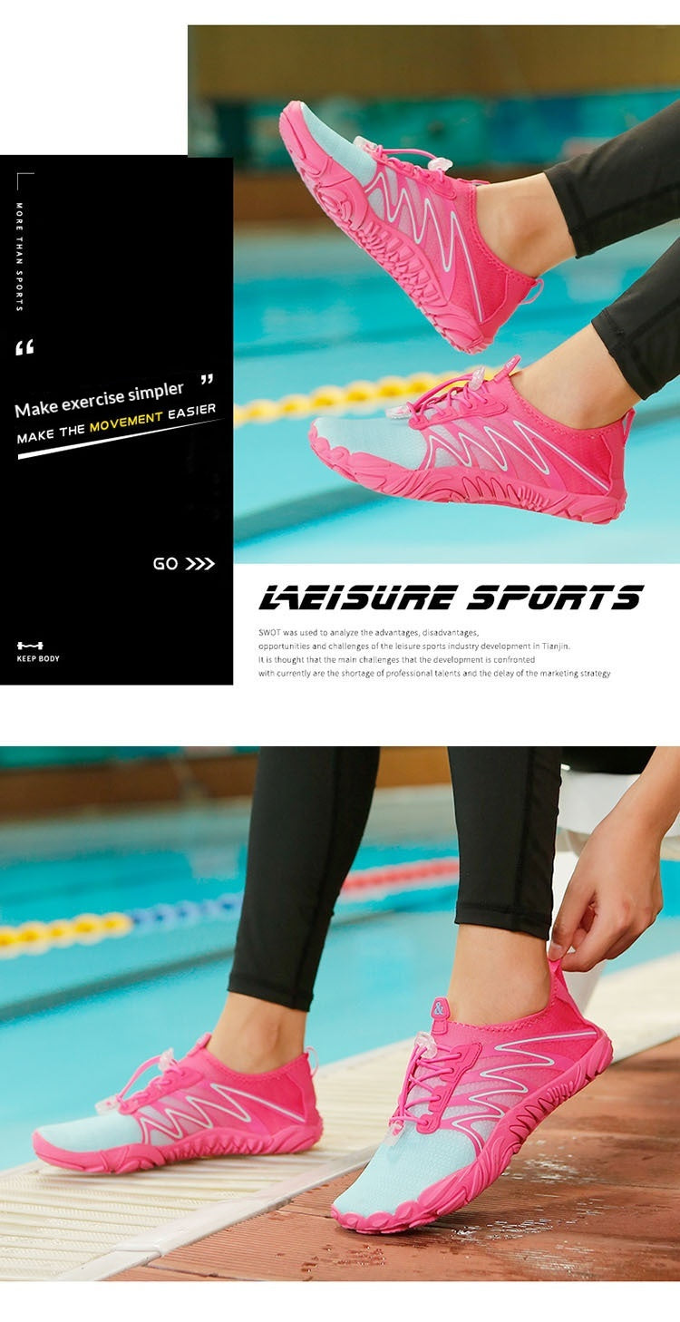 A pair of bright pink and light blue athletic sneakers shown on a person near a swimming pool, with one shoe being worn and the other being adjusted. The image includes promotional text and a black sidebar.