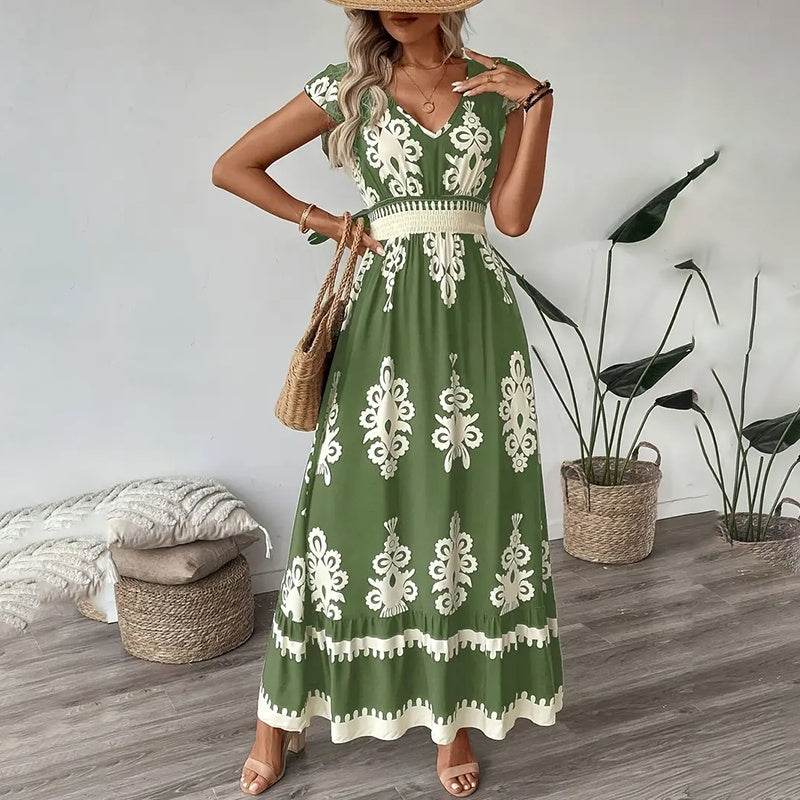 Women's Summer Flowy Maxi Dress Casual Cap Sleeve V Neck Smocked Waist Beach Sundress - EX-STOCK Canada