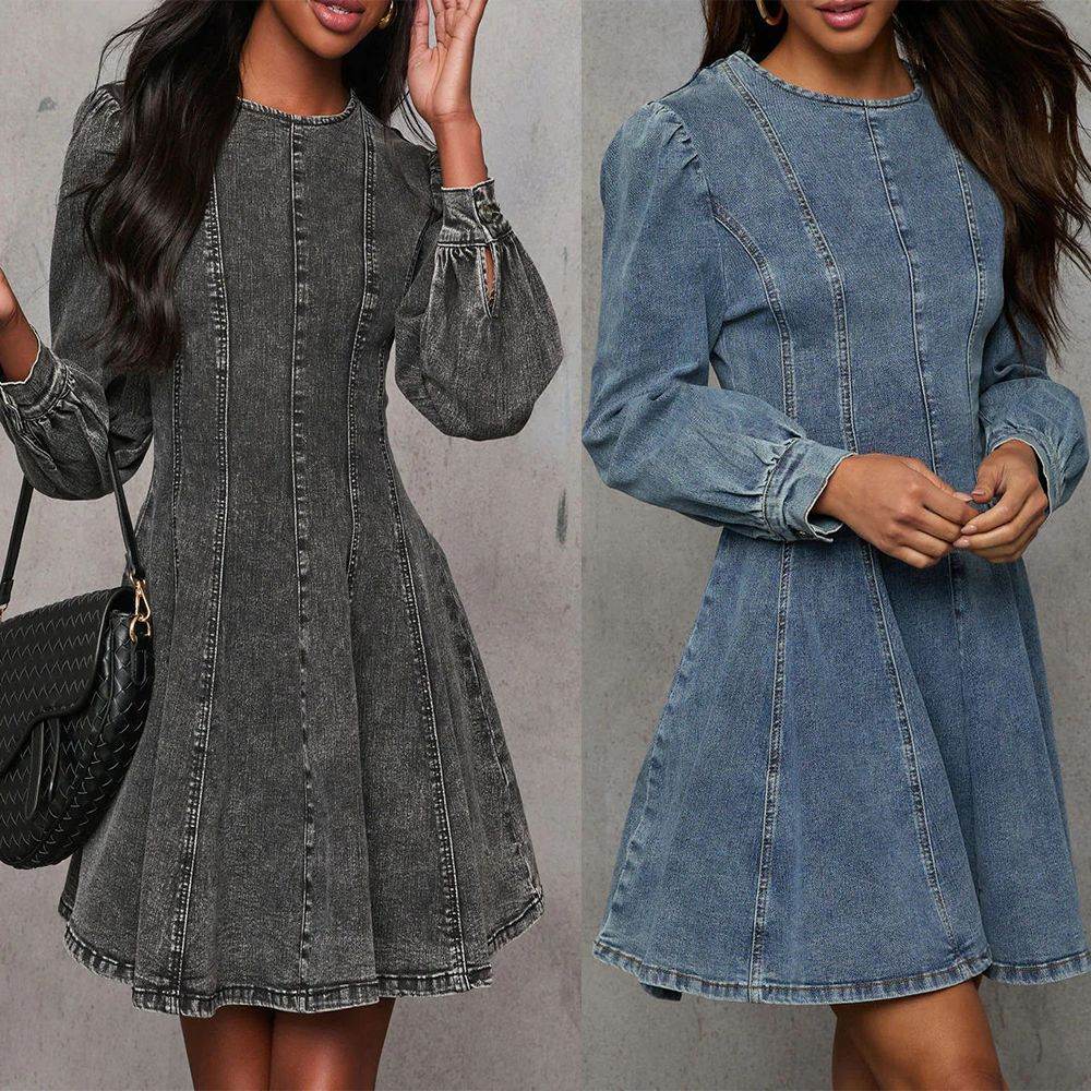 Elegant Patchwork Waist-slimming Women's Denim Long Sleeve Dress - EX-STOCK Canada