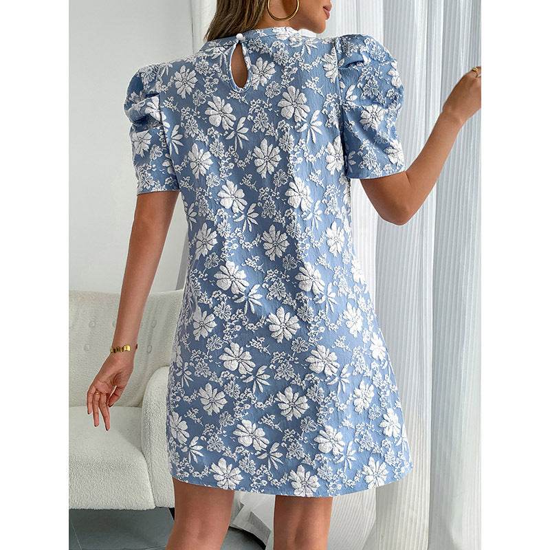 Women's Summer Mini Dress Short Sleeve Floral Jacquard Puff Sleeve Crew Neck Dress - EX-STOCK Canada
