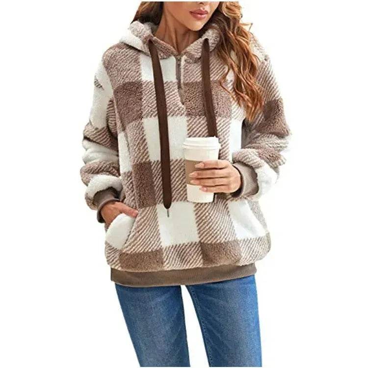 Casual Thick Fleece Plush half zip Plaid Hoodie Pullover top for women - EX-STOCK Canada