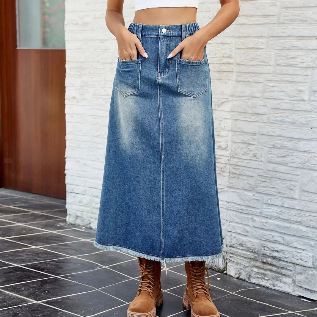 European And American Washed Frayed Hem Blue Denim Midi Skirt - EX-STOCK CANADA