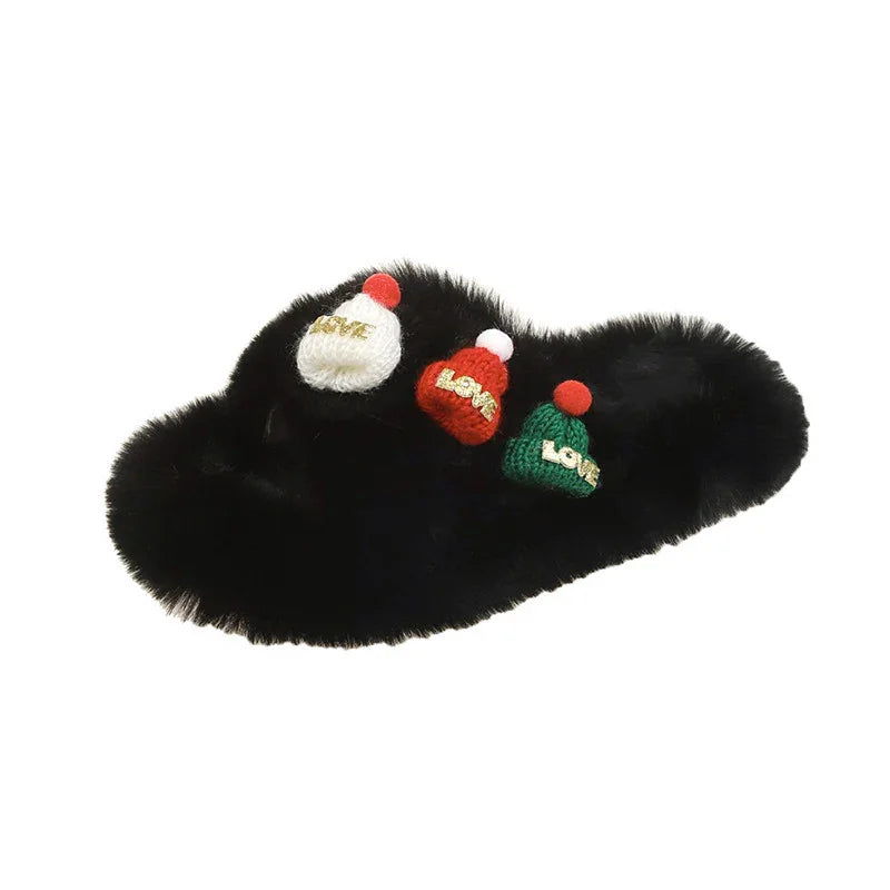 Christmas Hat Fluffy Slippers Women's Warm Toe Covering Cotton Slippers EX-STOCK Canada