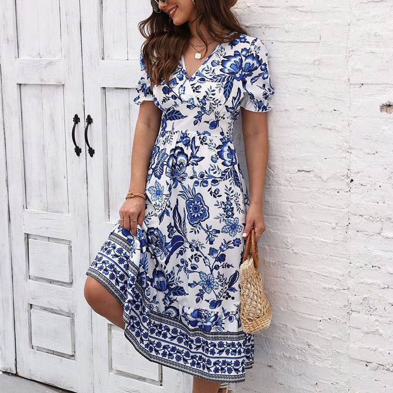 Puff Sleeve dress V Neck Blue Floral Bohemian Midi Dress - EX-STOCK Canada