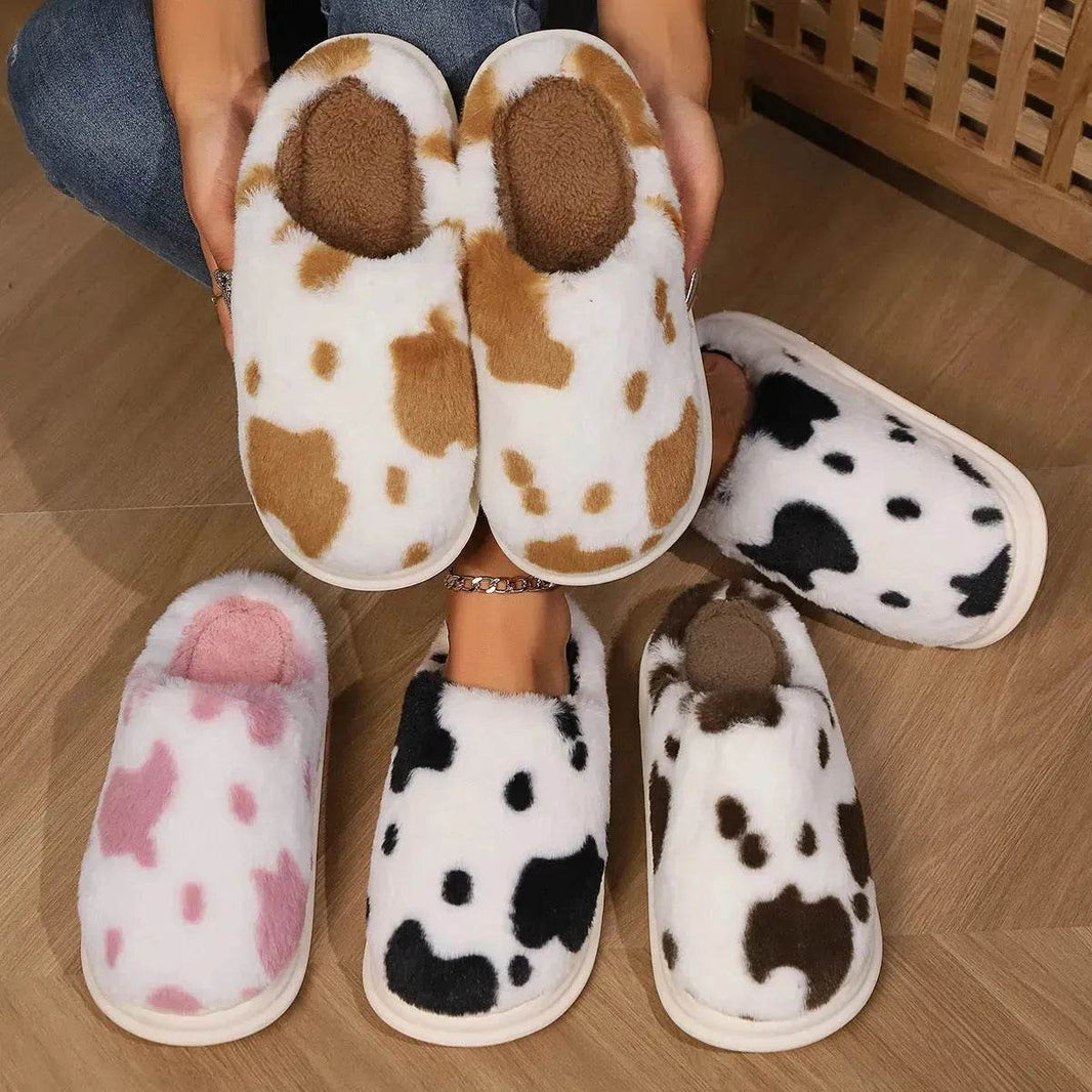 Cute Cow Spotted Plush Slippers Winter Warm Non-slip Bedroom Floor Fuzzy Slipper Couple Women House Shoes - EX-STOCK Canada