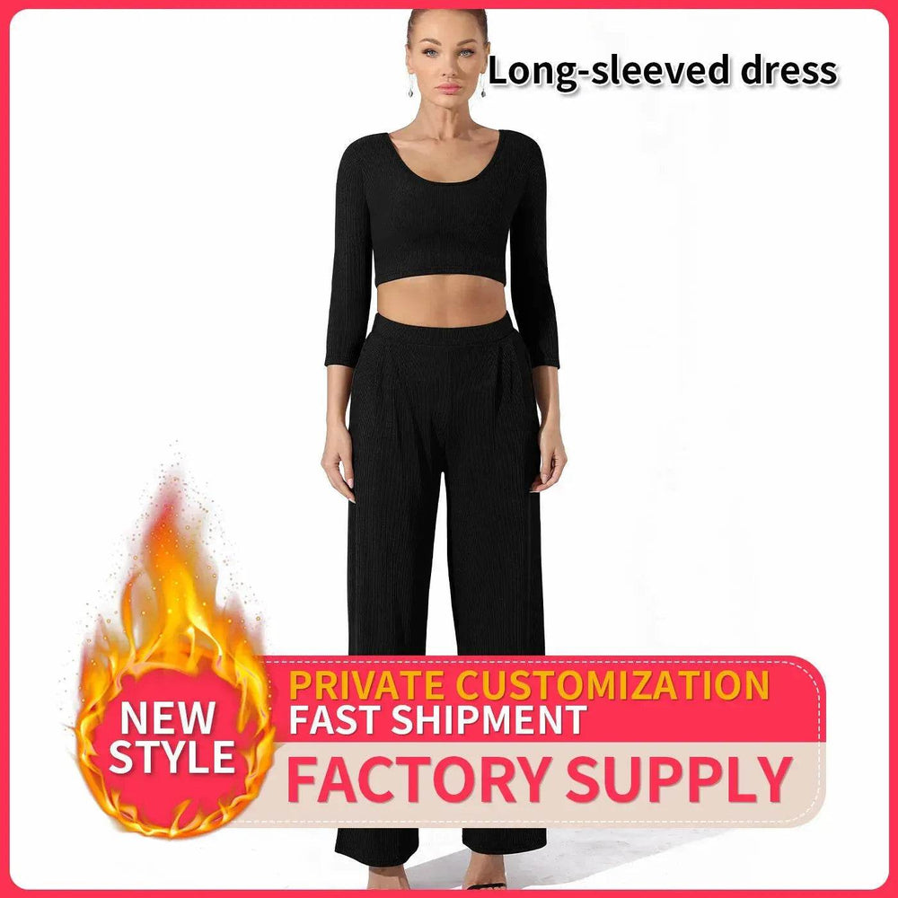 Women Fashion Casual Matching 2pcs set Long Sleeve Crop top and Pant set - EX-STOCK Canada