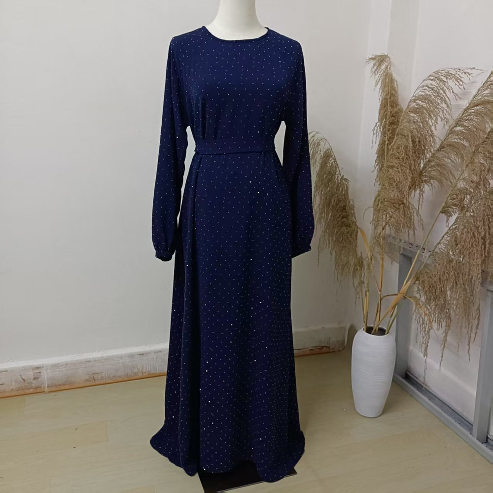 Muslim Rhinestone Dubai Round Neck Pullover Belt Dress - EX-STOCK Canada