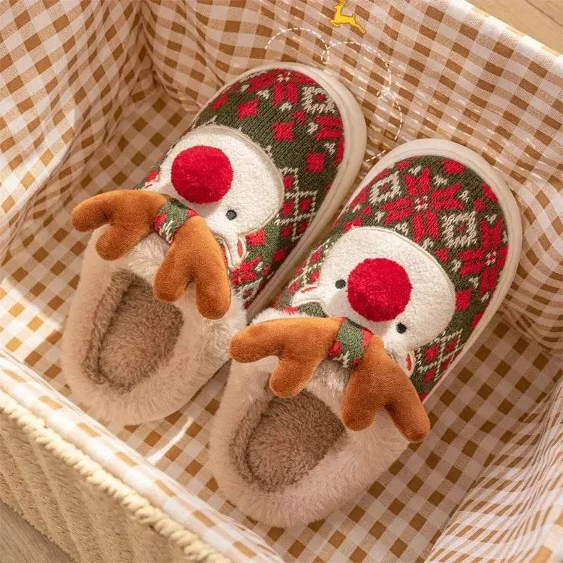 Cute Christmas Elk Plush Slippers Winter Ins Fashion Non-slip Floor Bedroom Home Slippers For Women Fuzzy House Shoes - EX-STOCK Canada