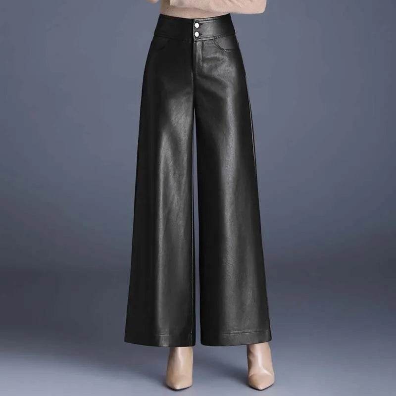 High Waist Thick Loose Big Leg Straight All-matching Wide Leg Leather trouser Pants For Women - EX-STOCK Canada