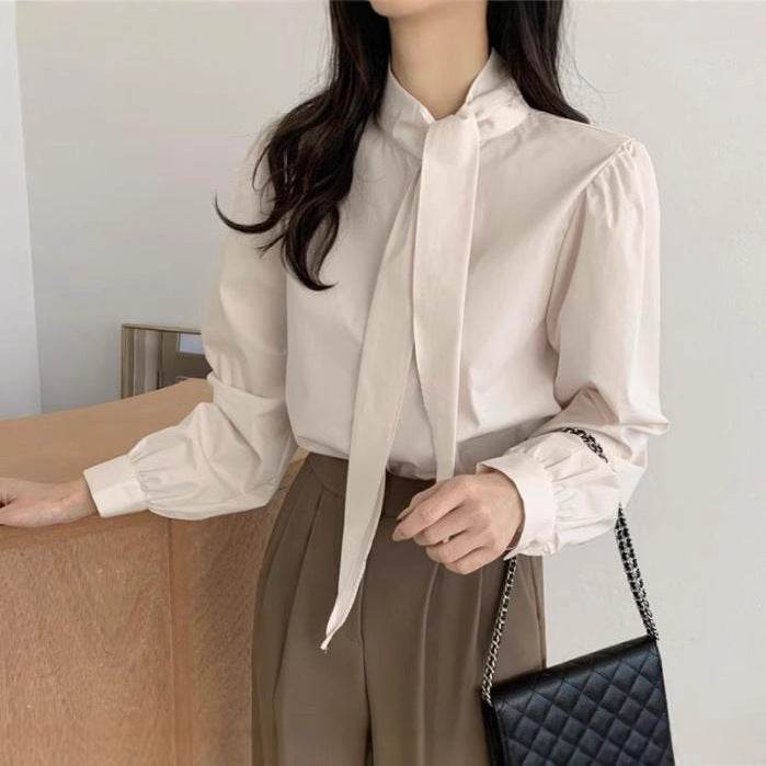 Spring New Gentle Lace-up Bow Tie Design Puff Sleeve Solid Color Shirt For Women - EX-STOCK Canada