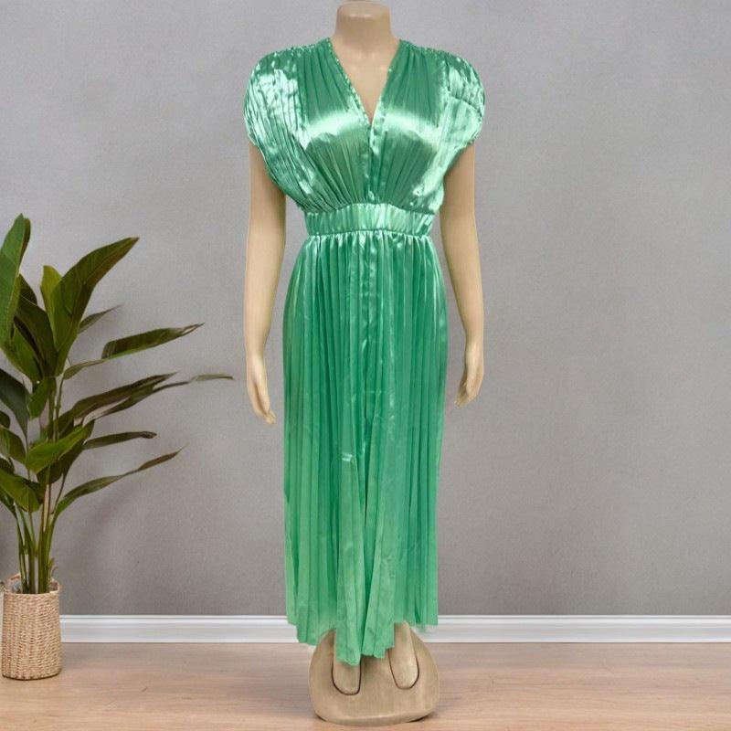 Robe d'été plissée à col en V Mode INS Décontractée Ample Robe sans manches avec fermeture éclair pour femmes Vêtements