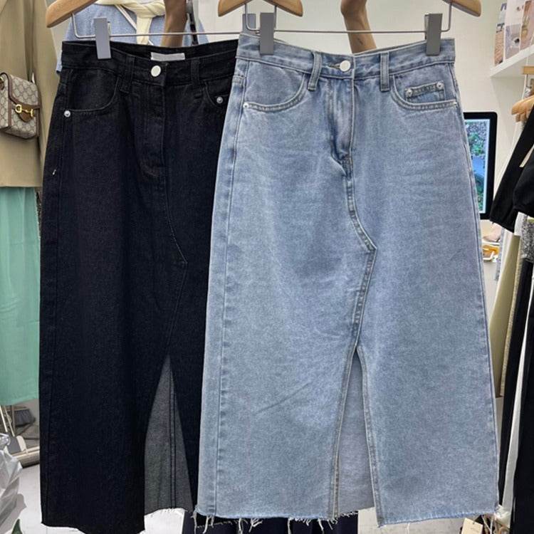 Casual Front Slit Dark Blue and Light Blue Denim Midi Skirt for women - EX-STOCK Canada