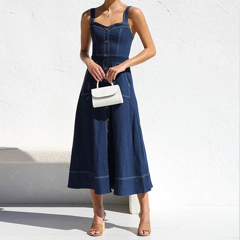 Women Sleeveless Sling Distressed Casual Style Button Denim Long Dress - EX-STOCK Canada