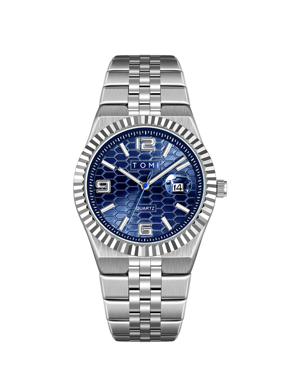 Silver watch with blue dial on a white background