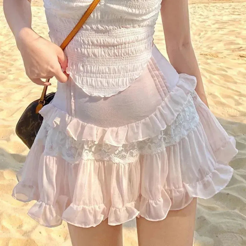 Sweet Girl Lolita High Waist Slimming Flounce Chiffon layered Mini Lace Skirt - EX-STOCK CANADA