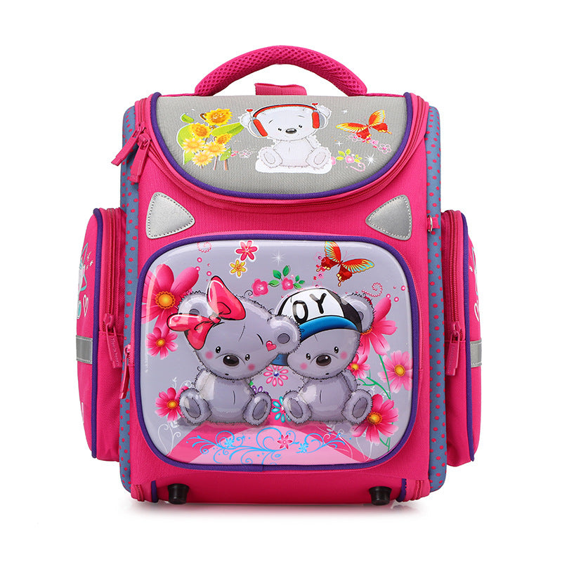 Pink children's backpack with cartoon characters on a white background
