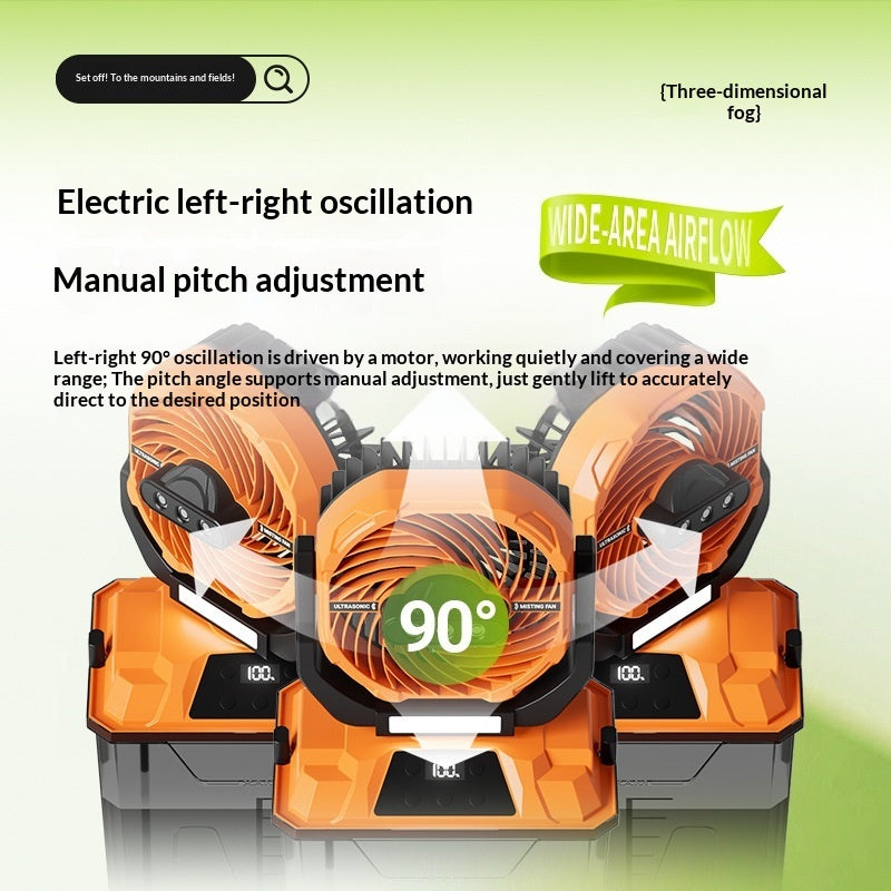 Orange and black oscillating fan with text on a green background