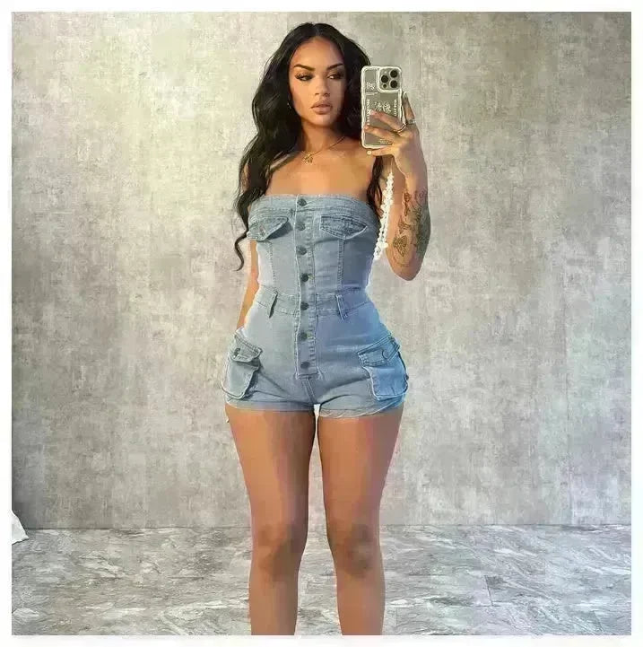 Strapless denim jumpsuit denim tube top jumpsuit Denim short Jumpsuit women Denim Short Rompers jean romper shortsjean jumpsuit shorts - EX-STOCK CANADA