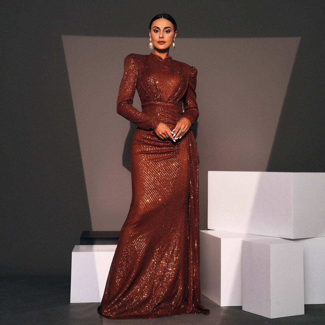 Long Sleeve Round Neck Slim Long Sequined Banquet Dress - EX-STOCK Canada
