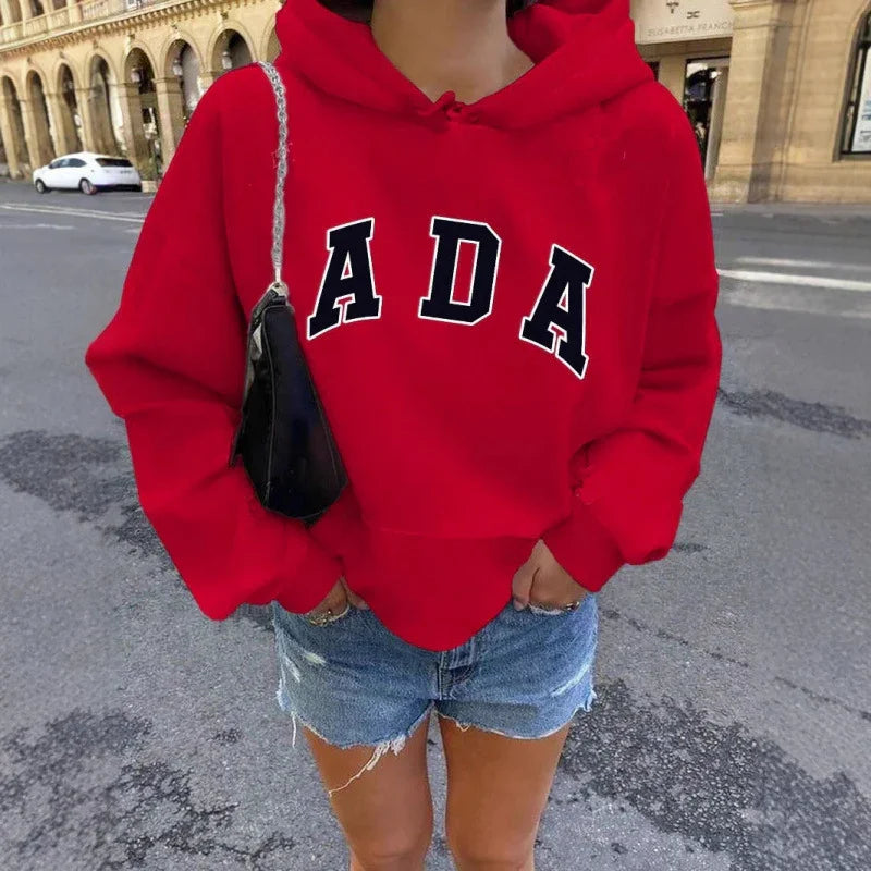 Felpa con cappuccio casual e versatile con lettere, linea ampia, con fodera in pile per donnaEX-STOCK Canada
