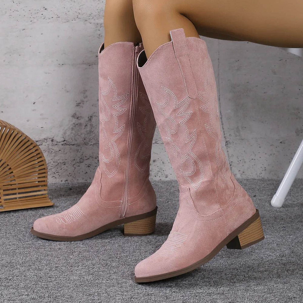 Women's Retro Pointed Toe Chunky Heel Solid Color Side Zipper Mid-calf Cowboy Boot - EX-STOCK Canada
