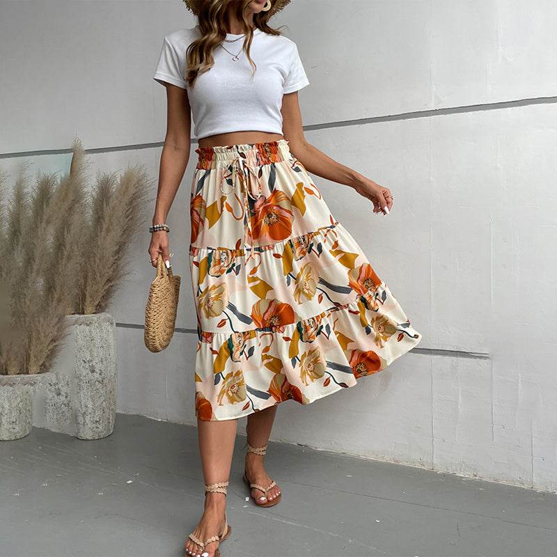 Women's Floral Tiered Midi Skirt Elastic Waist Dressy Casual A-line Flowy Boho Skirts - EX-STOCK Canada