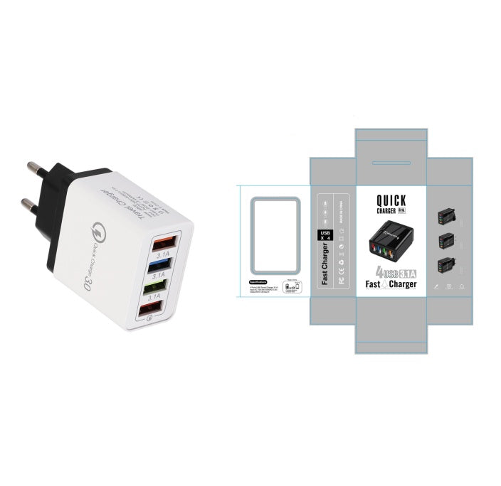 White USB charger with multiple ports and packaging on a white background