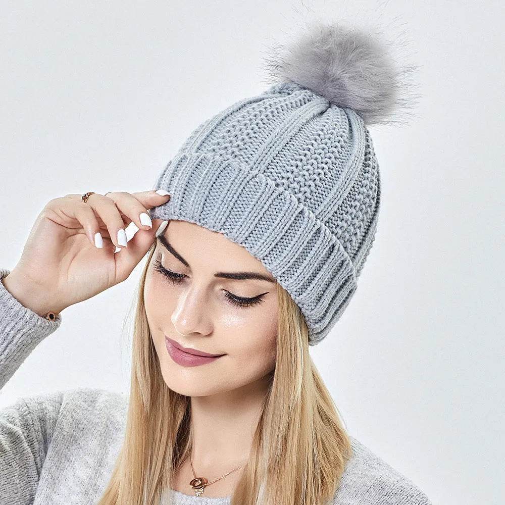 Stretchy Satin Lined Skull Knit Faux Fur Pom Pom Beanie Hat - EX-STOCK CANADA