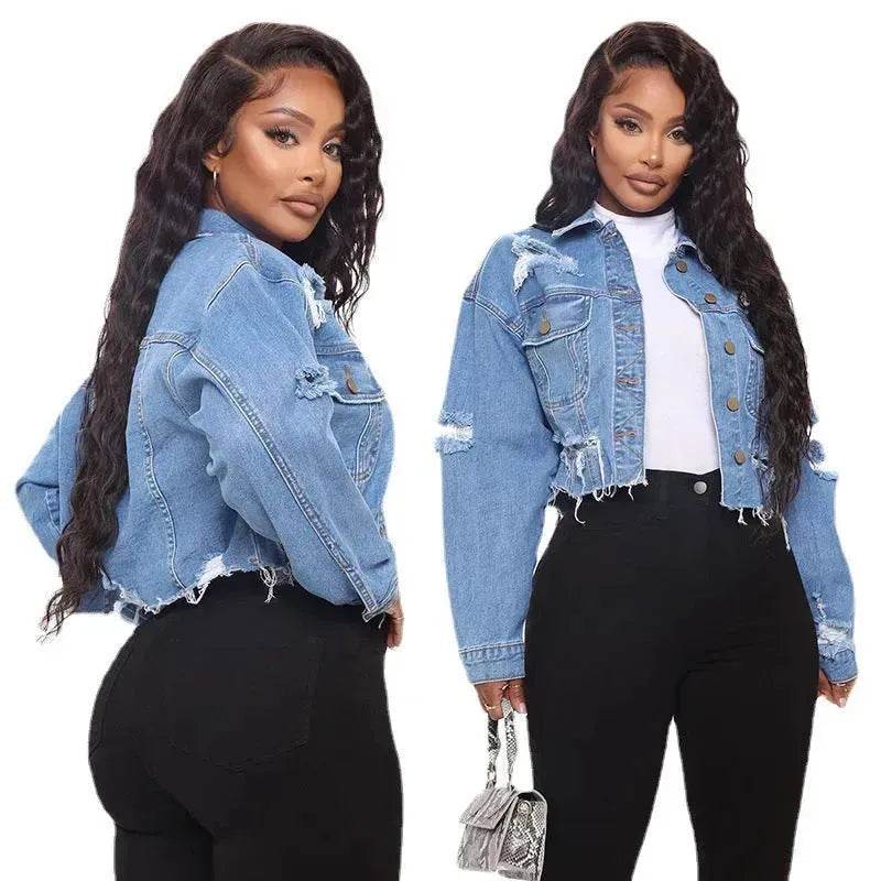 Fashionable Ripped Long sleeve Denim Jeans Crop jacket women short denim jacket oversized cropped denim jacket - EX-STOCK Canada