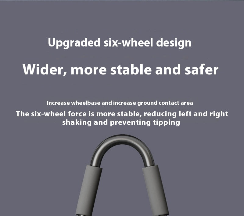A close-up of a metallic six-wheel lock with gray handles on a dark gray background, with white text explaining its upgraded six-wheel design and increased stability.