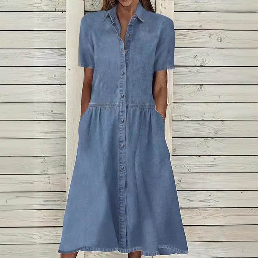 Women's European And American Lapel Casual loose button down Midi Denim jeans Mum Dress - EX-STOCK Canada