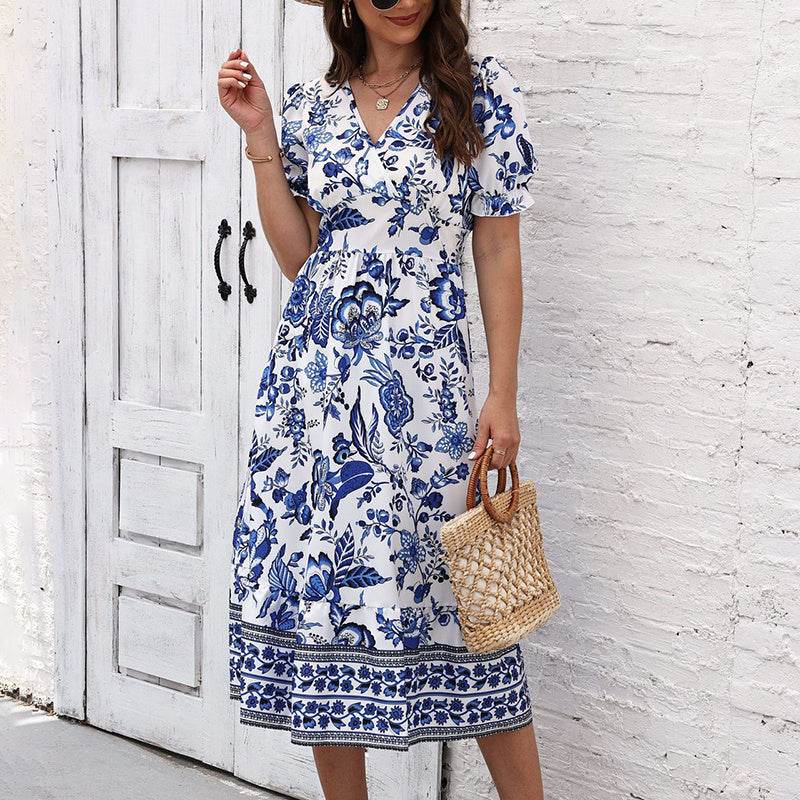 Puff Sleeve dress V Neck Blue Floral Bohemian Midi Dress - EX-STOCK Canada