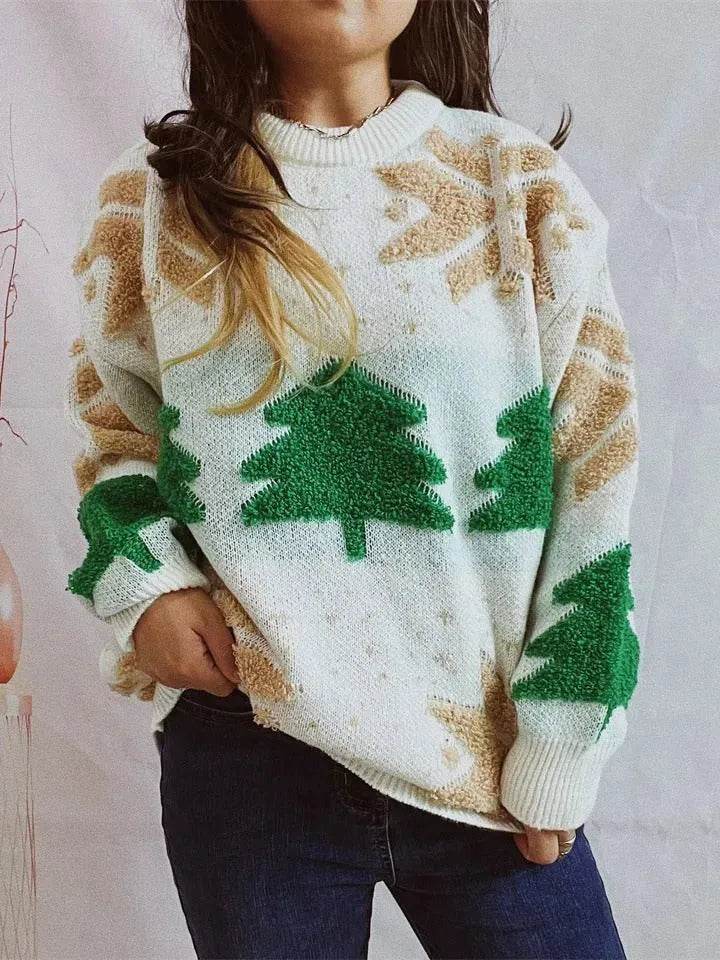 Women's Fashion Christmas Tree Jacquard Round Neck Long Sleeve Pullover Sweater top - EX-STOCK Canada
