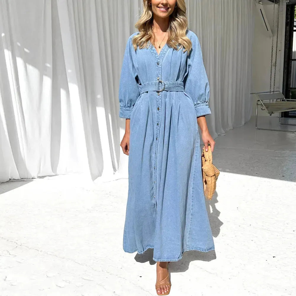 V-neck Lace-up Waist Trimming Casual Button Denim Dress - EX-STOCK CANADA
